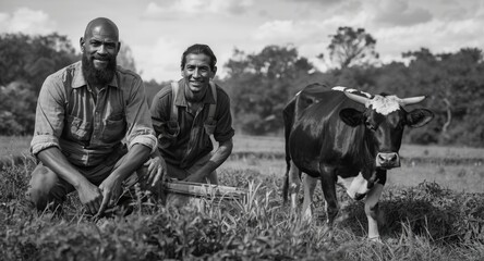 A touching grayscale photograph of farmers gently tending an energetic organic cow on their farm