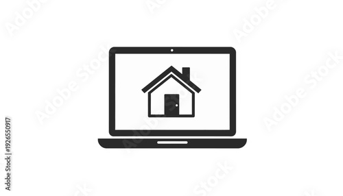 Laptop with home icon symbolizing remote work and real estate concept flat vector illustration