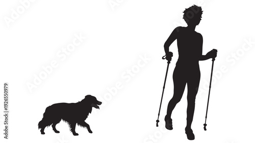Hiker silhouette with trekking poles and dog silhouette companion featuring trekker, walking, hiking with outdoors and adventure elements for fitness, exercise projects, clean composition on simple