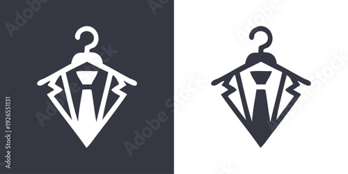 Logo sastrería de ropa de caballero. Dibujo con líneas de una percha con una chaqueta con camisa y corbata