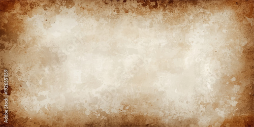 Blank aged parchment with a stained brown grunge texture and vintage beige sepia tones creates an antique paper background for a worn retro design