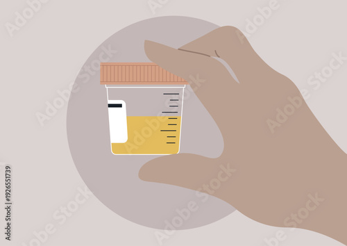 A hand delicately holds a clear plastic container filled with a urine sample, embodying a moment of significance, The scene suggests a connection to health and wellness routines in modern life.
