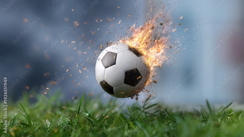 Fototapeta premium Flaming soccer ball breaking through concrete wall, creating powerful explosion fire and of debris