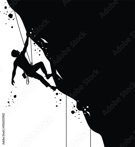 Rock climber silhouette ascending steep cliff with rope safety gear isolated on white background for adventure sport, mountaineering challenge and extreme outdoor activity concept