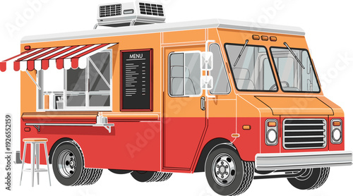 Food truck vector illustration, street fast food van with menu window isolated design for restaurant business branding