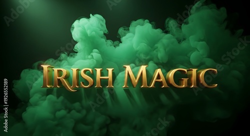 A magical Irish scene with green smoke and gold text on a dark background for St Patrick's Day
