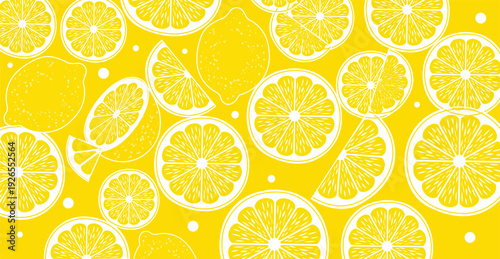 Lemon citrus seamless pattern vector illustration with fresh yellow fruit slice summer background decorative food design
