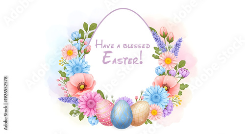 Easter wreath with flowers, eggs, and greeting
