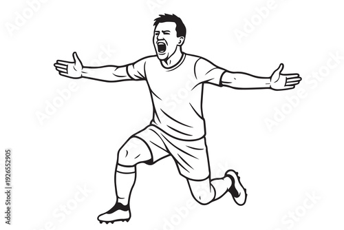 A dynamic vector illustration of a male soccer player celebrating a goal, arms outstretched in joy, capturing victory, excitement, and pure happiness.