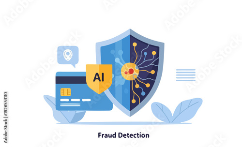 Flat vector illustration of AI fraud detection system securing online banking transactions.