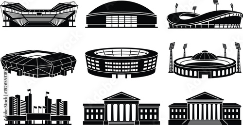 Stadium and civic buildings silhouette set with arena, sports complex, government architecture and city skyline isolated on white background for urban infrastructure concept