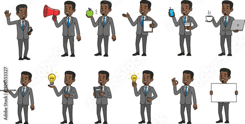 Businessman character set, professional office worker poses, corporate employee actions, cartoon vector illustration collection design pack
