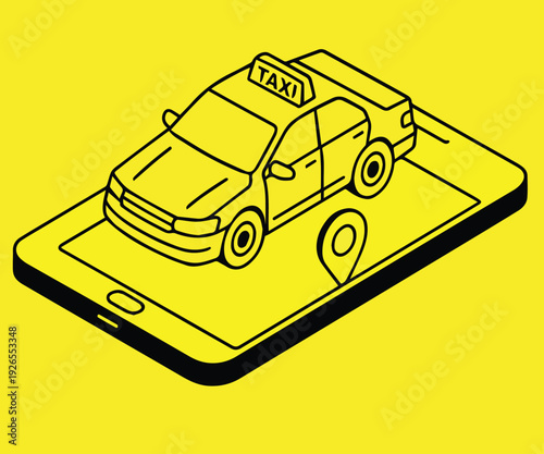 A simple vector illustration of online taxi booking via smartphone, showing a connected taxi and mobile device, symbolizing modern transport technology.