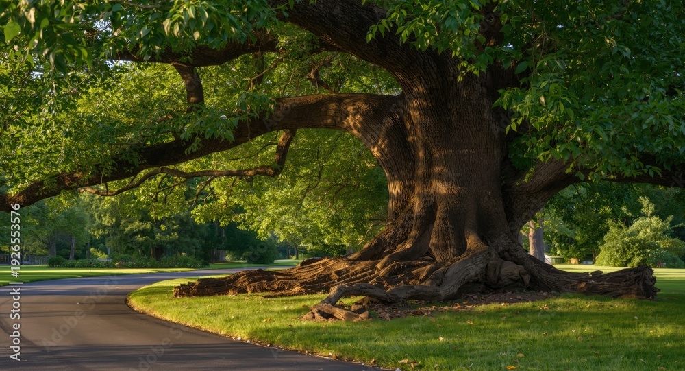 Obraz premium A massive tree with healthy green leaves and a cracked broken limb lying on the lawn next to a driveway