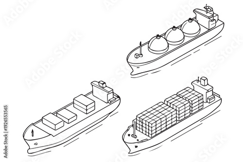 A vector illustration of three cargo ships transporting goods across the sea, representing global shipping, logistics, and maritime trade.