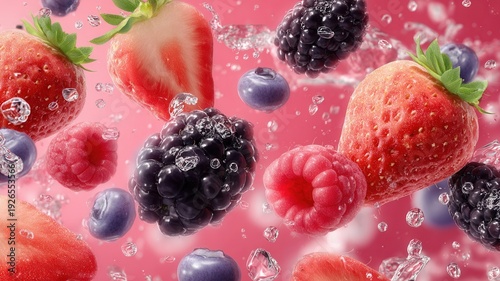 Fresh berries splashing in water, creating refreshing healthy drink concepts with juicy fruit colors and vibrant