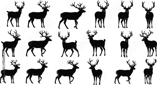 Deer silhouette set, stag vector collection, wild animal illustration, antlers wildlife, black silhouette design pack collection