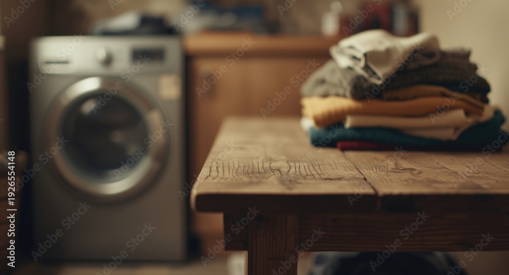 Obraz premium Blurry laundry room scene with washing machine and clothes next to rustic wooden table