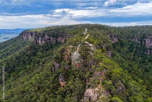 Aerial view over Hargraves Lookout in the Blue Mountains showcasing dramatic escarpments and expansive Grose Valley wilderness.