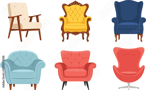 Armchair collection vector illustration featuring modern retro and classic upholstered chairs isolated furniture design set for interior decor projects