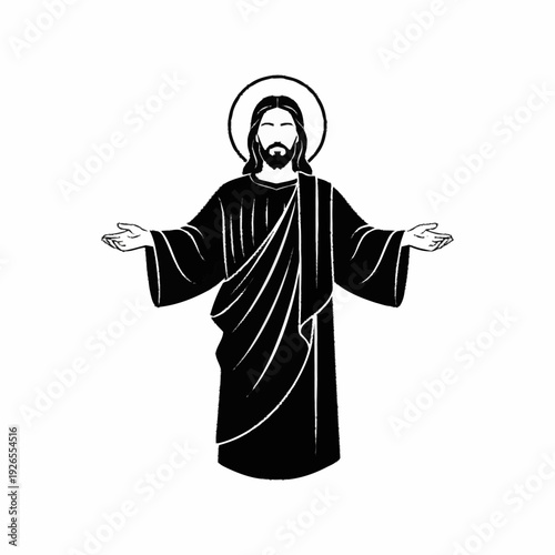 Jesus Christ with open arms, black and white illustration.