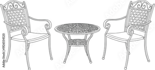 Elegant vintage outdoor patio furniture set illustration, two ornate metal chairs and round table, line art garden seating design concept