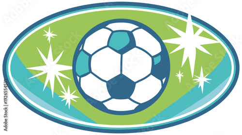 A stylized football graphic centered within a colorful oval, adorned with starburst elements