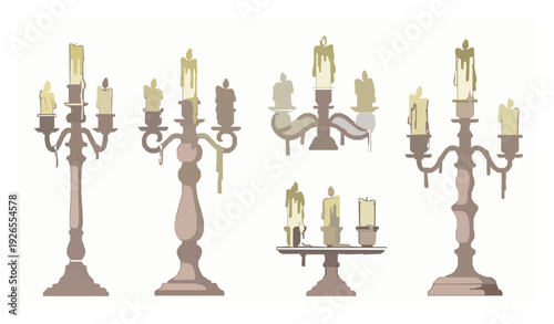 Classic Candle Holders with Burning Candles Vector Set