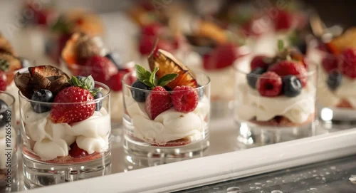 Panel kuchenny z motywem Elegant glass mini desserts decorated with fresh fruit for catered gatherings with copy space
