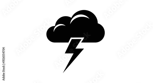 A bold depiction of a storm cloud with a lightning bolt striking downwards.