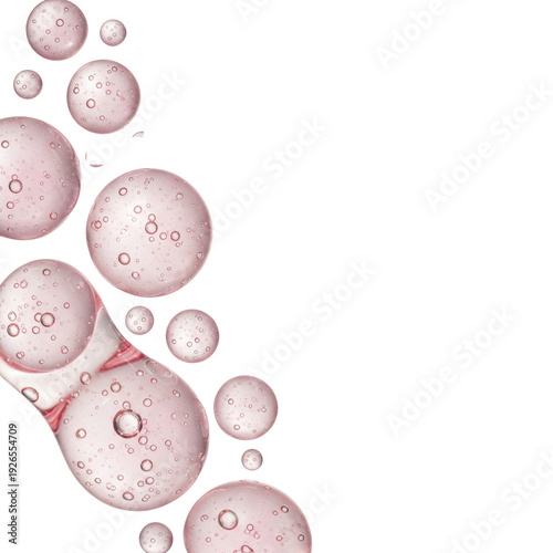 Macro close-up of shimmering opalescent soft pink viscous serum globules containing micro-bubbles, suspended dynamically over a transparent background, luxury skincare concept