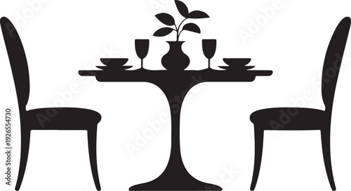 Black silhouette of table set for two with plant chairs