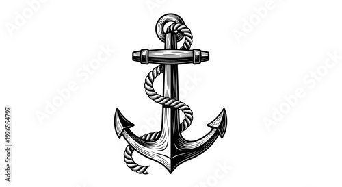Classic black and white nautical anchor illustration with intricate rope details