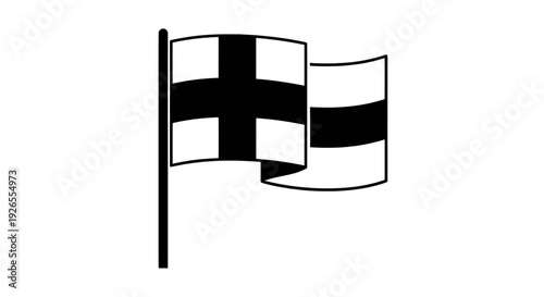 Flag of finland waving in the wind with a black and white cross and blue stripe