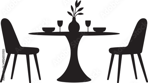 Black silhouette of table set for two with wine glasses and plant 2