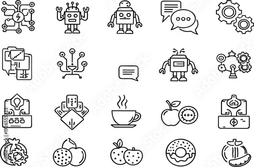 Artificial Intelligence and Automation Line Icons Set with Robots, Chatbot, Gear, Technology and Food Symbols