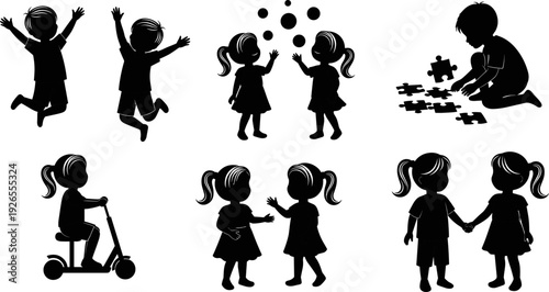 Silhouette children playing, happy kids jumping, girls fun activity, childhood joy, playful friends isolated vector illustration on white background art