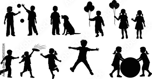 Children playing silhouettes collection, kids with balloons dog ball frisbee jumping, childhood activity vector illustration isolated design set for education