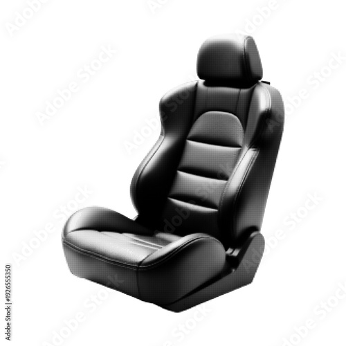 Black and white halftone illustration of car seat isolated on white background. Retro engraving style automotive interior element with headrest and cushion detail.