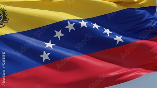 The Venezuelan flag waving in the wind with its vibrant colors and symbolic design