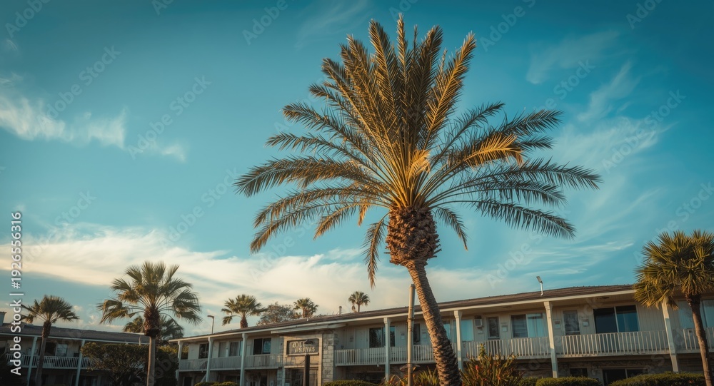 Obraz premium Curved palm tree with vintage beach resort charm beneath a cloudless summer sky