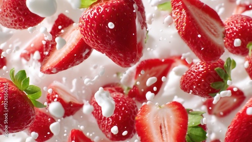 Fresh strawberries falling and splashing into white milk, creating a delicious and healthy summer food concept on blue