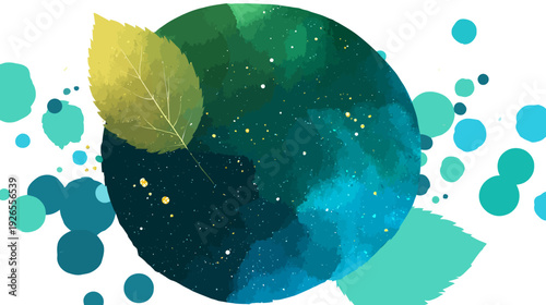 A watercolor-style image with a central, blended globe shape, leaves, and various-sized circles