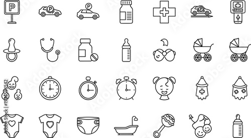 Baby care and medical line icon set with stroller bottle pacifier clothes clock and health symbols