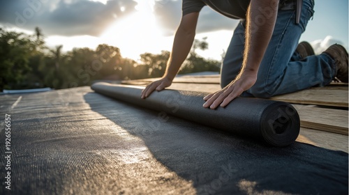 Close up of anonymous male construction worker unrolling black waterproofing bitumen membrane on flat roof. Home renovation, repair and building industry concept