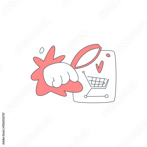 A hand points to a shopping bag with a cart and heart icon, symbolizing online shopping choice. Vector illustration for e-commerce, showing people selecting favorite products and making a purchase