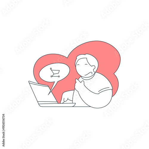 A person sits with a laptop, thinking about an online purchase. Shopping cart icon in a speech bubble represents e-commerce. Vector illustration showing customer choice for people