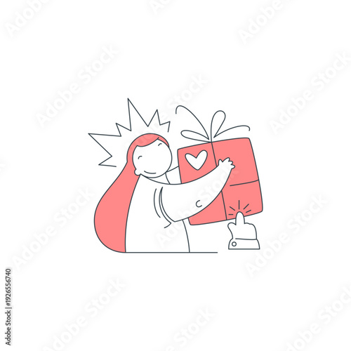A joyful woman hugs a gift box, a surprise bonus from an online purchase. Vector illustration for e-commerce, loyalty programs, and people receiving presents from shopping online