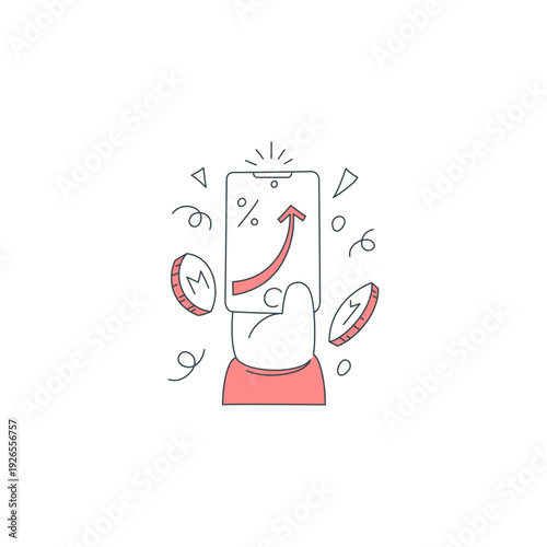 Hand holding a smartphone with a growth chart. Represents financial success for people from shopping cashback and discounts. A vector illustration perfect for finance apps and e-commerce marketing