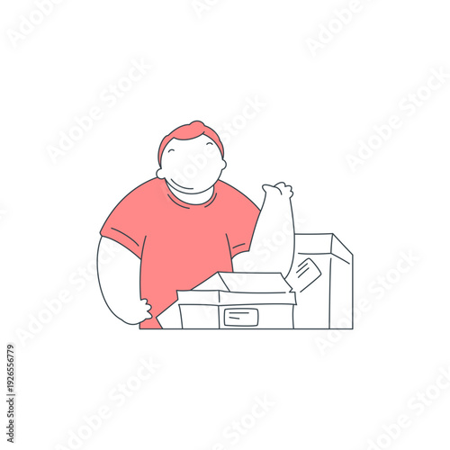 Man unboxing a package after online shopping. Shows the excitement of delivery for people. A simple vector illustration for e-commerce, shipping services, and customer satisfaction concepts